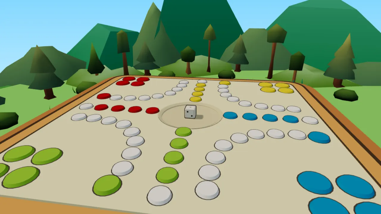 The 3D Burrec mos u zemëro board with red, yellow, blue and green fields in a meadow